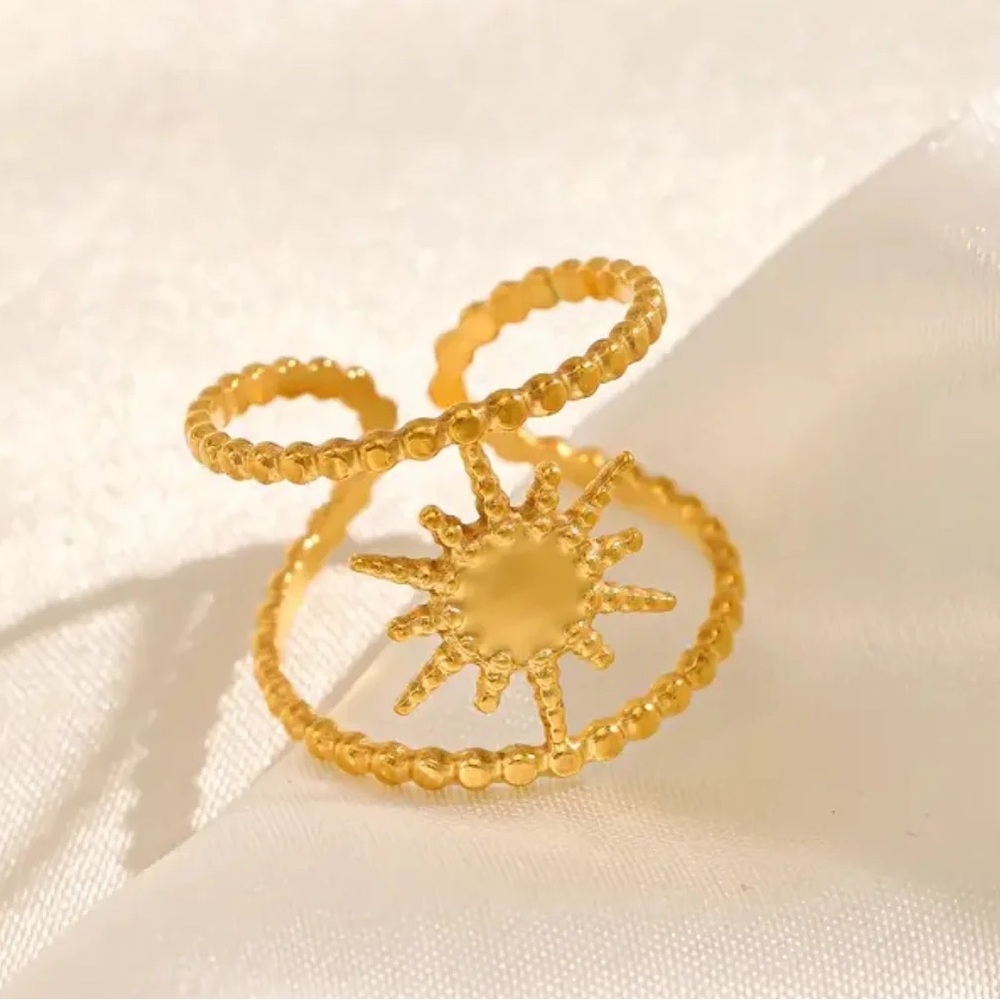 Stainless Steel Gold Tone Sunburst Adjustable Ring (R42) - Picture 6 of 10